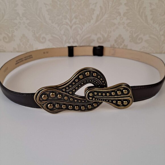 Women\'s Brown Leather Belt Adjustable Size Medium Gold Tone Metal Buckle EUC